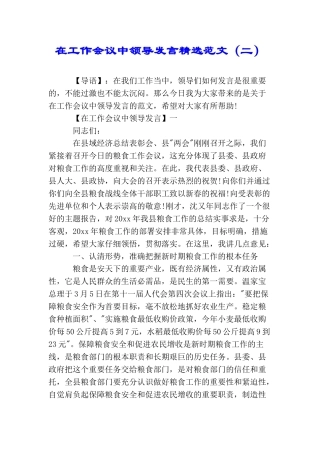 在工作会议中领导发言精选范文