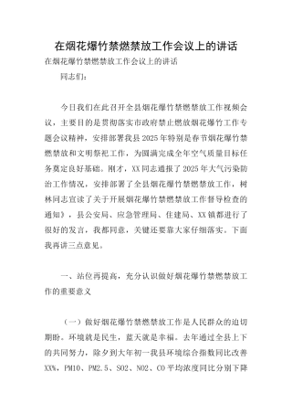 在烟花爆竹禁燃禁放工作会议上的讲话