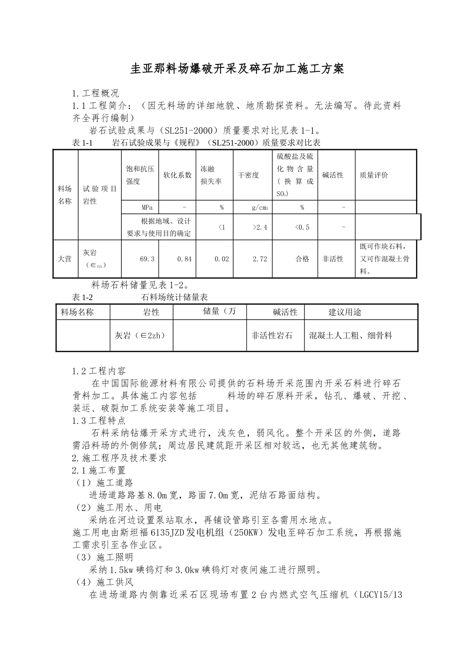 圭亚那料场爆破开采及碎石加工施工方案_第1页