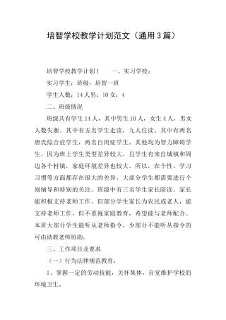 培智学校教学计划范文
