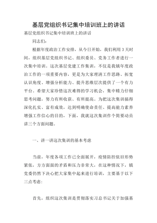 基层党组织书记集中培训班上的讲话