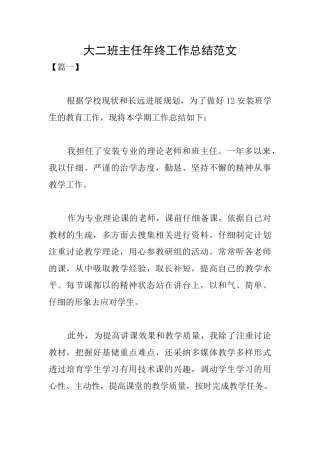大二班主任年终工作总结范文
