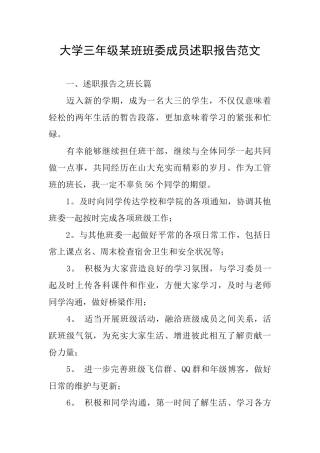 大学三年级某班班委成员述职报告范文