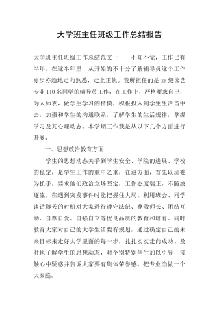 大学班主任班级工作总结报告