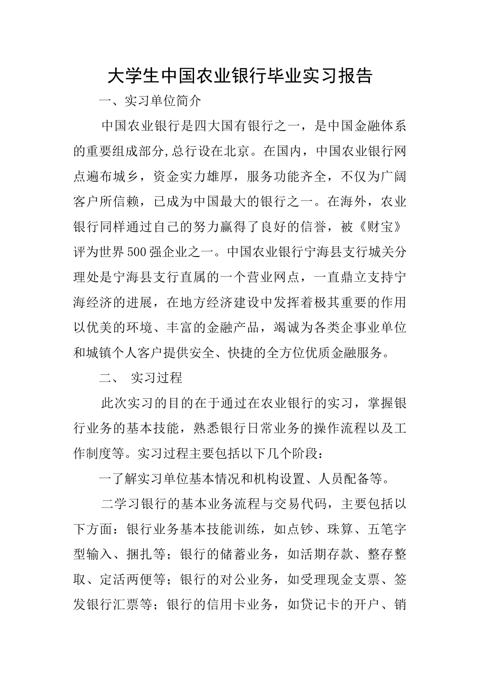 大学生中国农业银行毕业实习报告_第1页