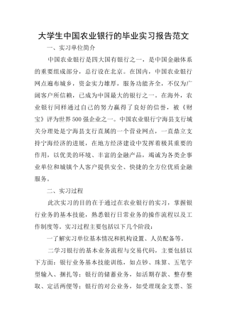 大学生中国农业银行的毕业实习报告范文