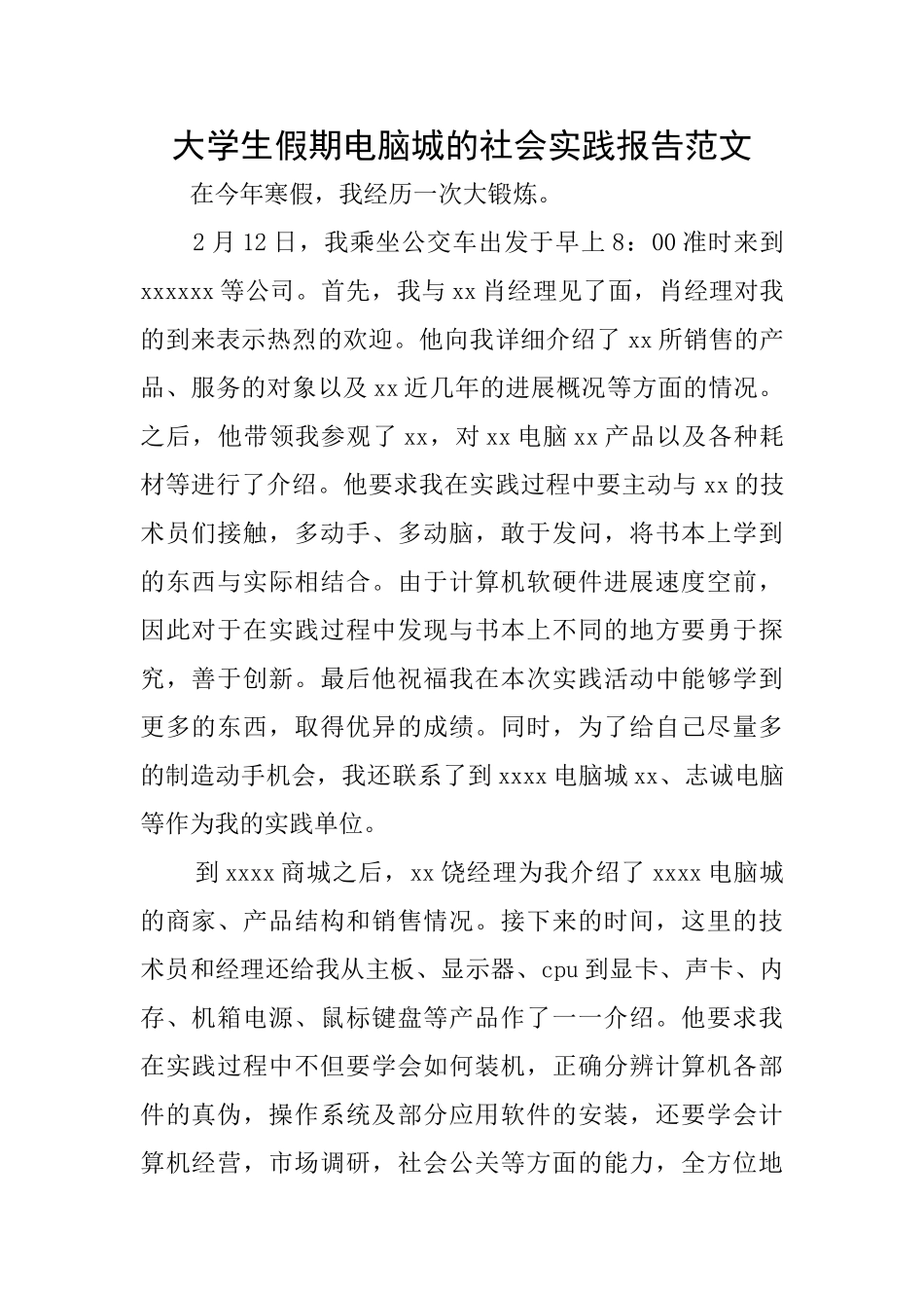 大学生假期电脑城的社会实践报告范文_第1页