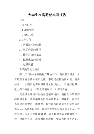 大学生在客服部实习报告