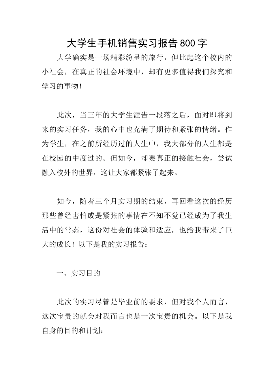 大学生手机销售实习报告800字_第1页