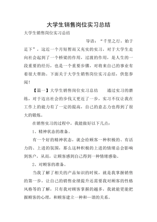 大学生销售岗位实习总结