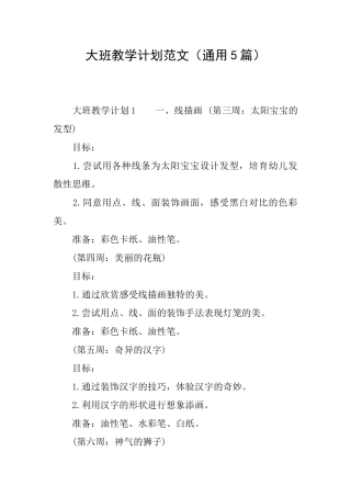 大班教学计划范文
