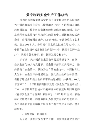 天宁制药安全生产工作总结