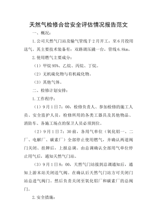 天然气检修合岔安全评估情况报告范文