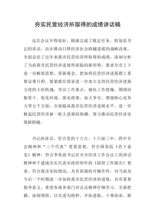 夯实民营经济所取得的成绩讲话稿