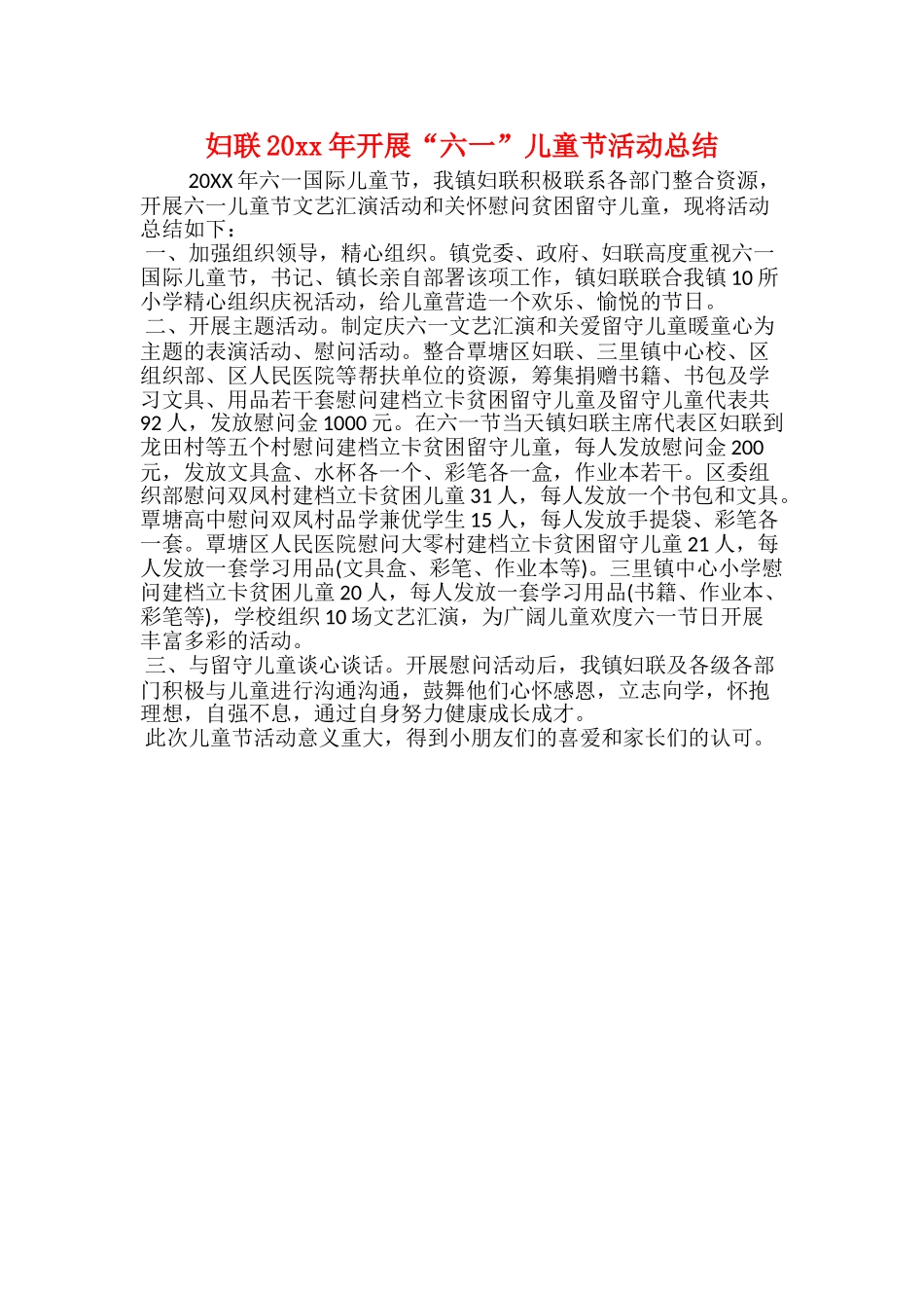 妇联20xx年开展“六一”儿童节活动总结_第1页