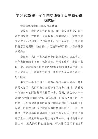 学习2025第十个全国交通安全日主题心得及感悟