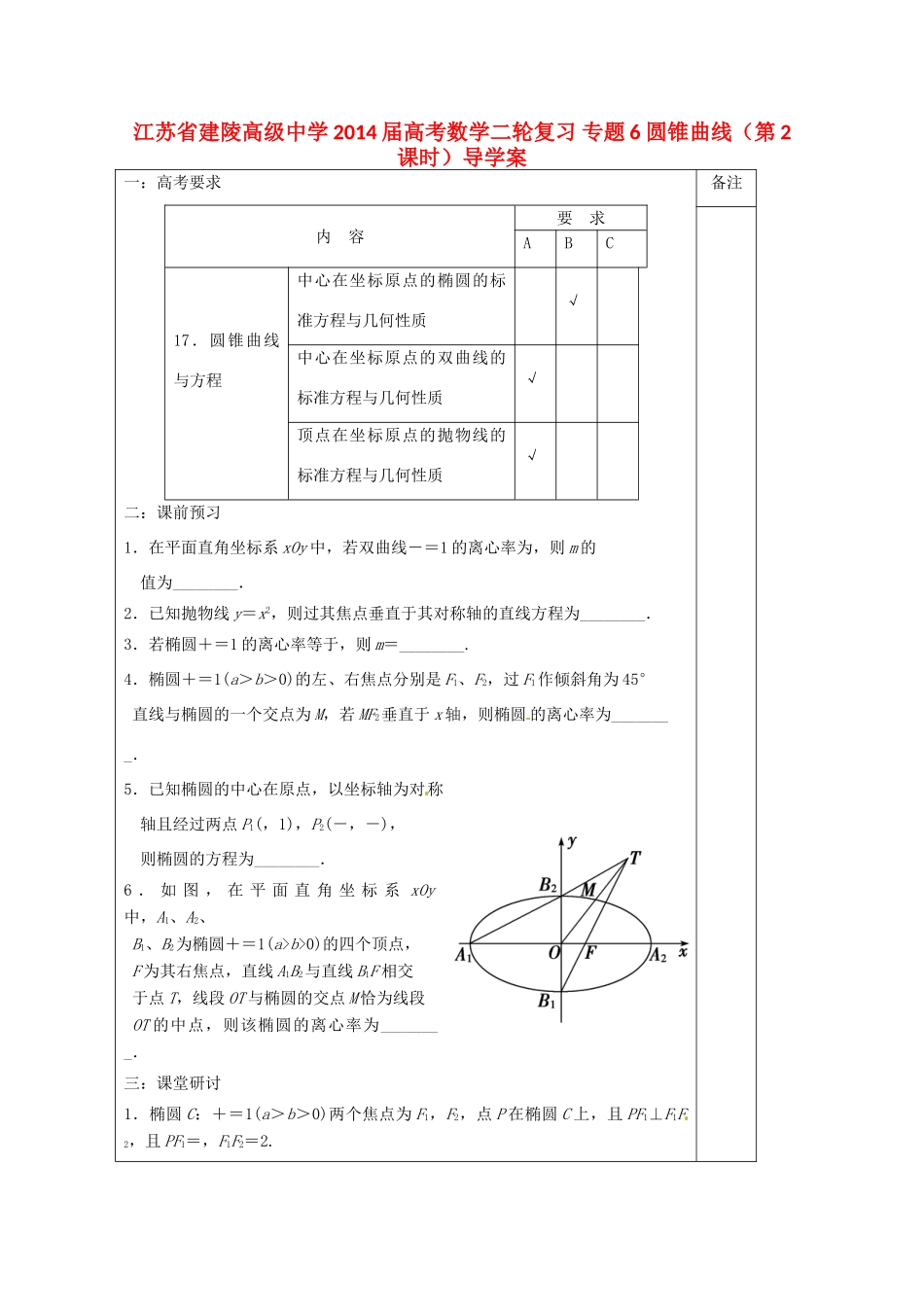 江苏省建陵高级中学2014届高考数学二轮复习 专题6 圆锥曲线（第2课时）导学案_第1页