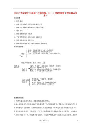 江苏省怀仁中学2012高二生物 2.1.1《植物细胞工程的基本技术》学案 新人教版选修3