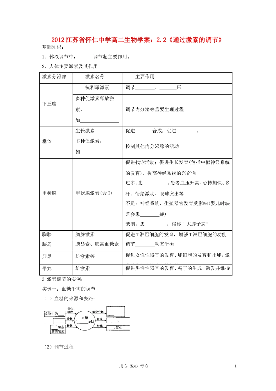 江苏省怀仁中学2012高二生物 2.2《通过激素的调节》学案 新人教版必修3_第1页