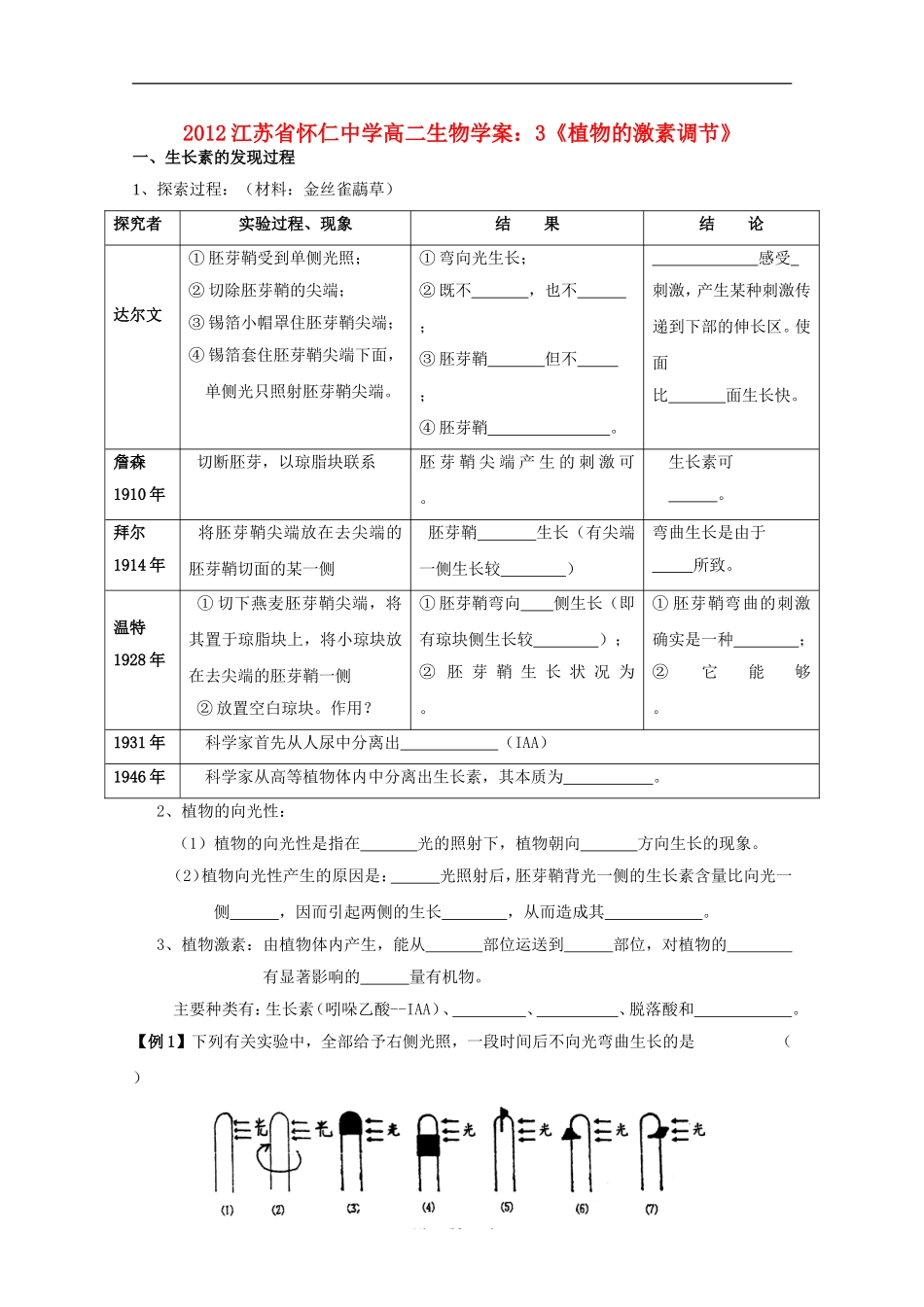 江苏省怀仁中学2012高二生物 3《植物的激素调节》学案 新人教版必修3_第1页