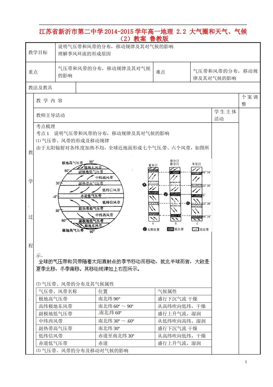 江苏省新沂市第二中学2014-2015学年高一地理 2.2 大气圈和天气、气候（2）教案 鲁教版_第1页