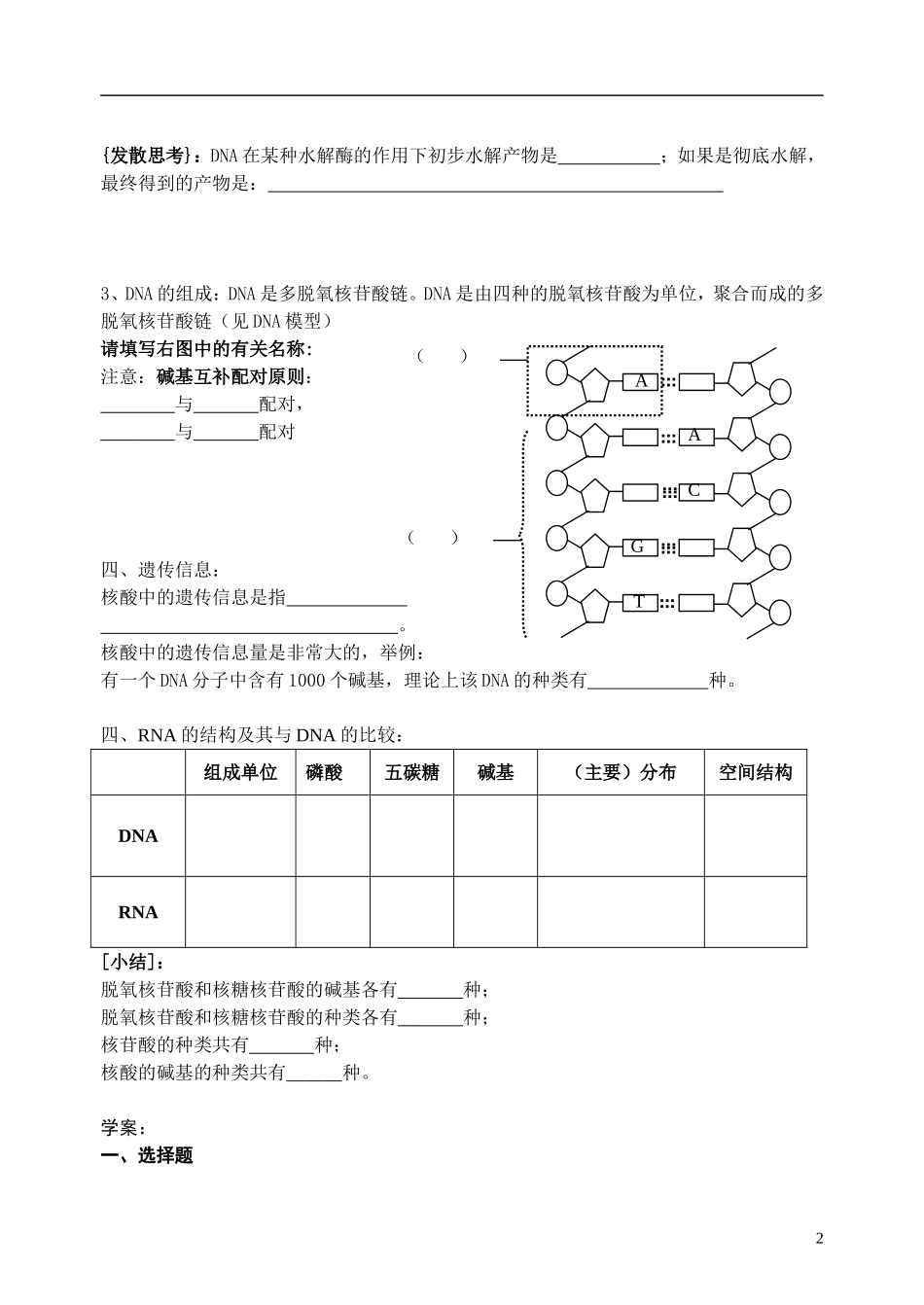 江苏省怀仁中学2014高中生物《第二单元 第三节 遗传信息的携带者—核酸》教学案 新人教版必修1_第2页