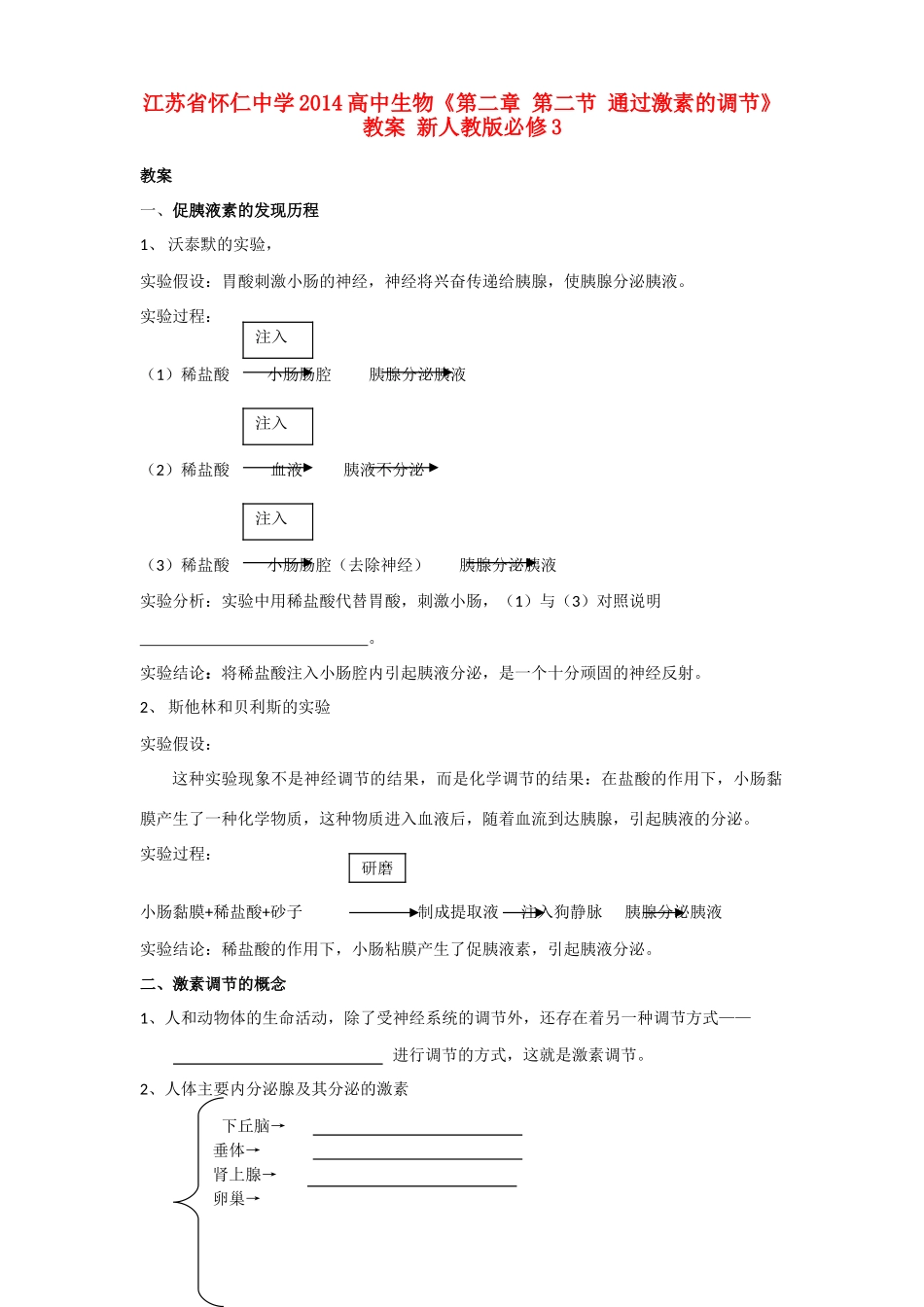 江苏省怀仁中学2014高中生物《第二章 第二节 通过激素的调节》教案 新人教版必修3_第1页