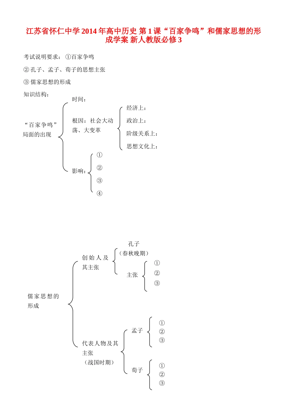江苏省怀仁中学2014年高中历史 第1课“百家争鸣”和儒家思想的形成学案 新人教版必修3_第1页