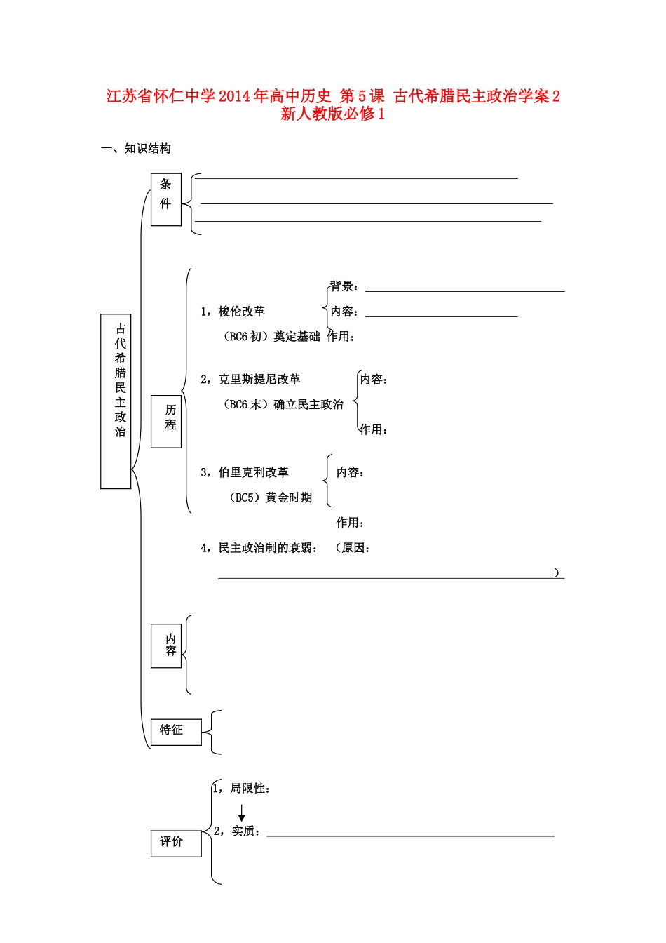 江苏省怀仁中学2014年高中历史 第5课 古代希腊民主政治学案2 新人教版必修1_第1页
