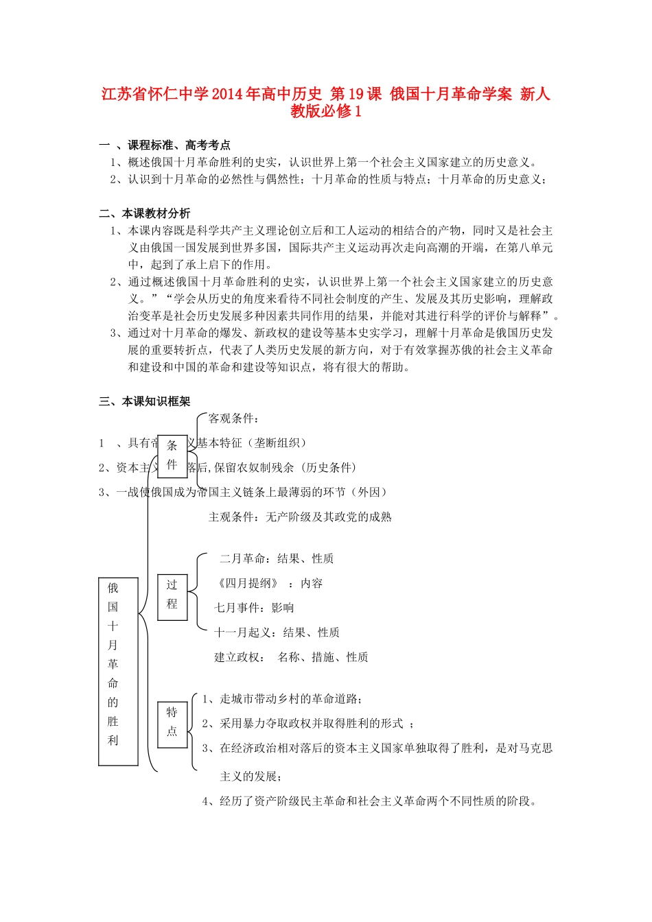 江苏省怀仁中学2014年高中历史 第19课 俄国十月革命学案 新人教版必修1_第1页