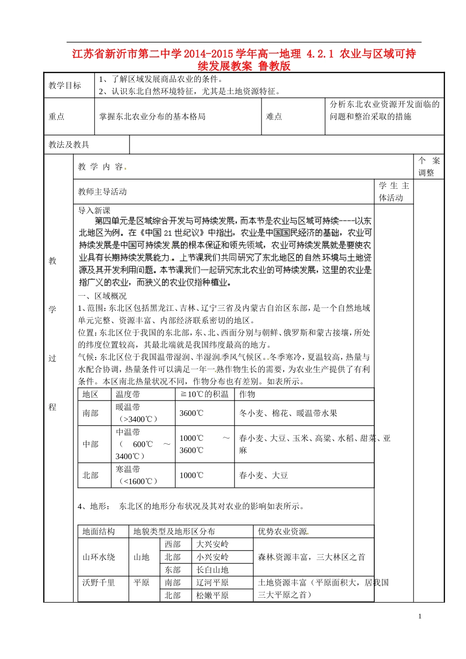 江苏省新沂市第二中学2014-2015学年高一地理 4.2.1 农业与区域可持续发展教案 鲁教版_第1页