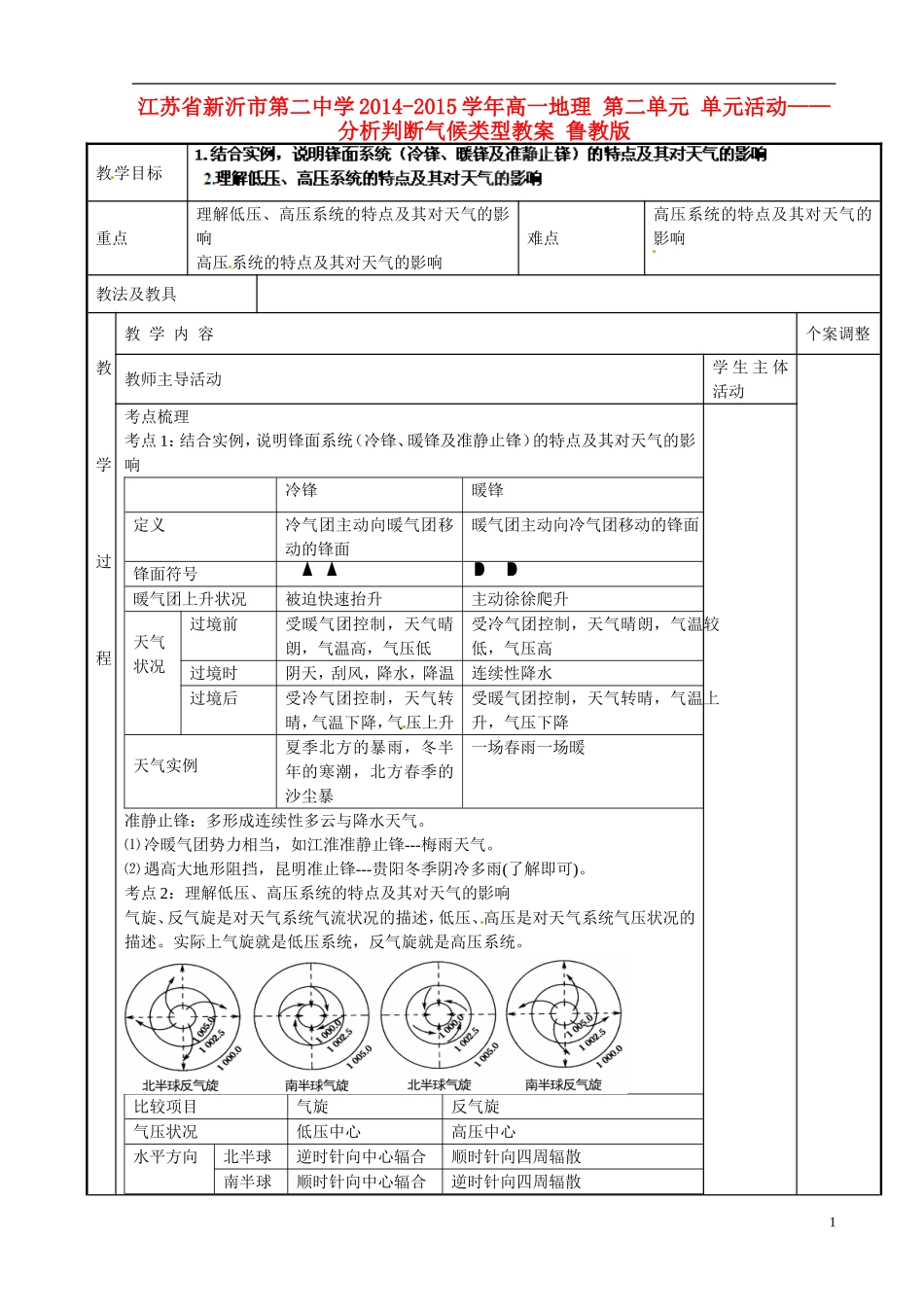 江苏省新沂市第二中学2014-2015学年高一地理 第二单元 单元活动——分析判断气候类型教案 鲁教版_第1页
