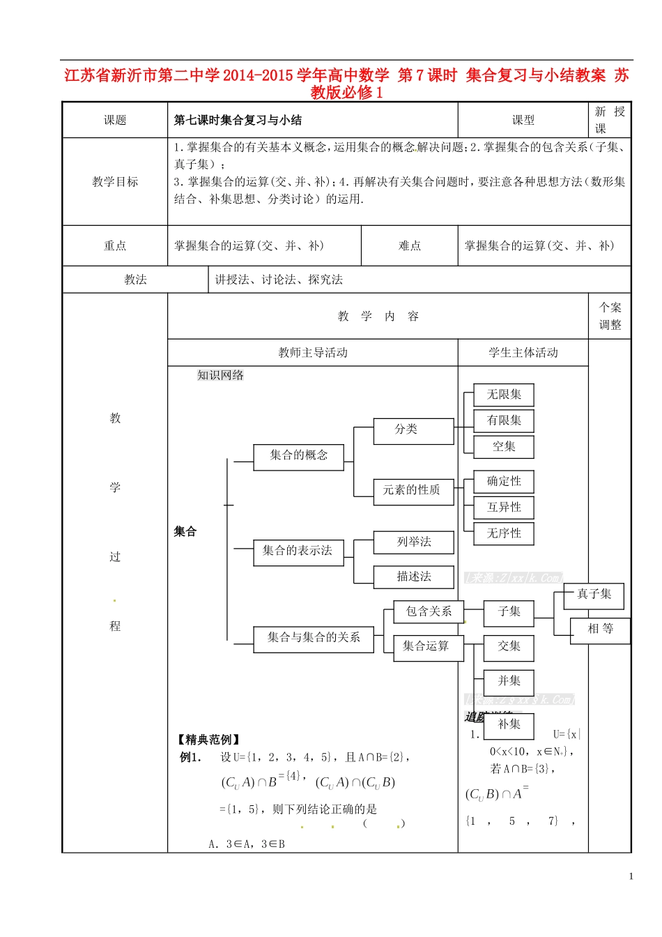 江苏省新沂市第二中学2014-2015学年高中数学 第7课时 集合复习与小结教案 苏教版必修1_第1页