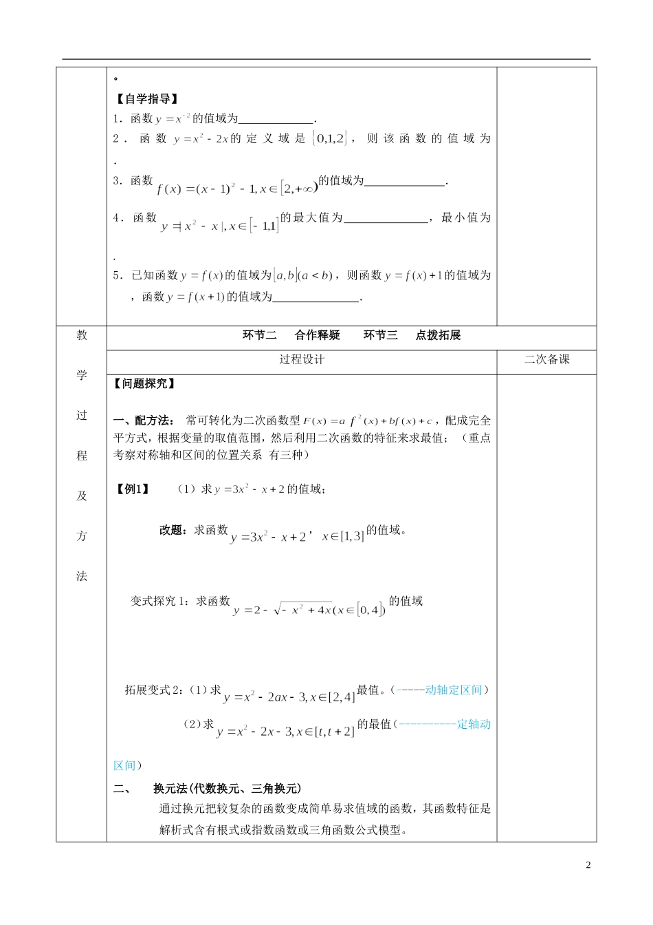 江苏省徐州市睢宁县菁华高级中学2013-2014学年高中数学小一轮复习 函数的值域（1）教案 文_第2页