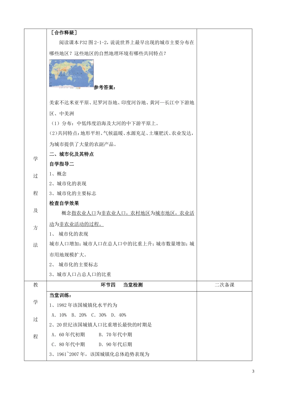 江苏省徐州市睢宁县菁华高级中学2014年高中地理 2.1 城市发展与城市化（第一课时）四步教学法教案 鲁教版必修2_第3页
