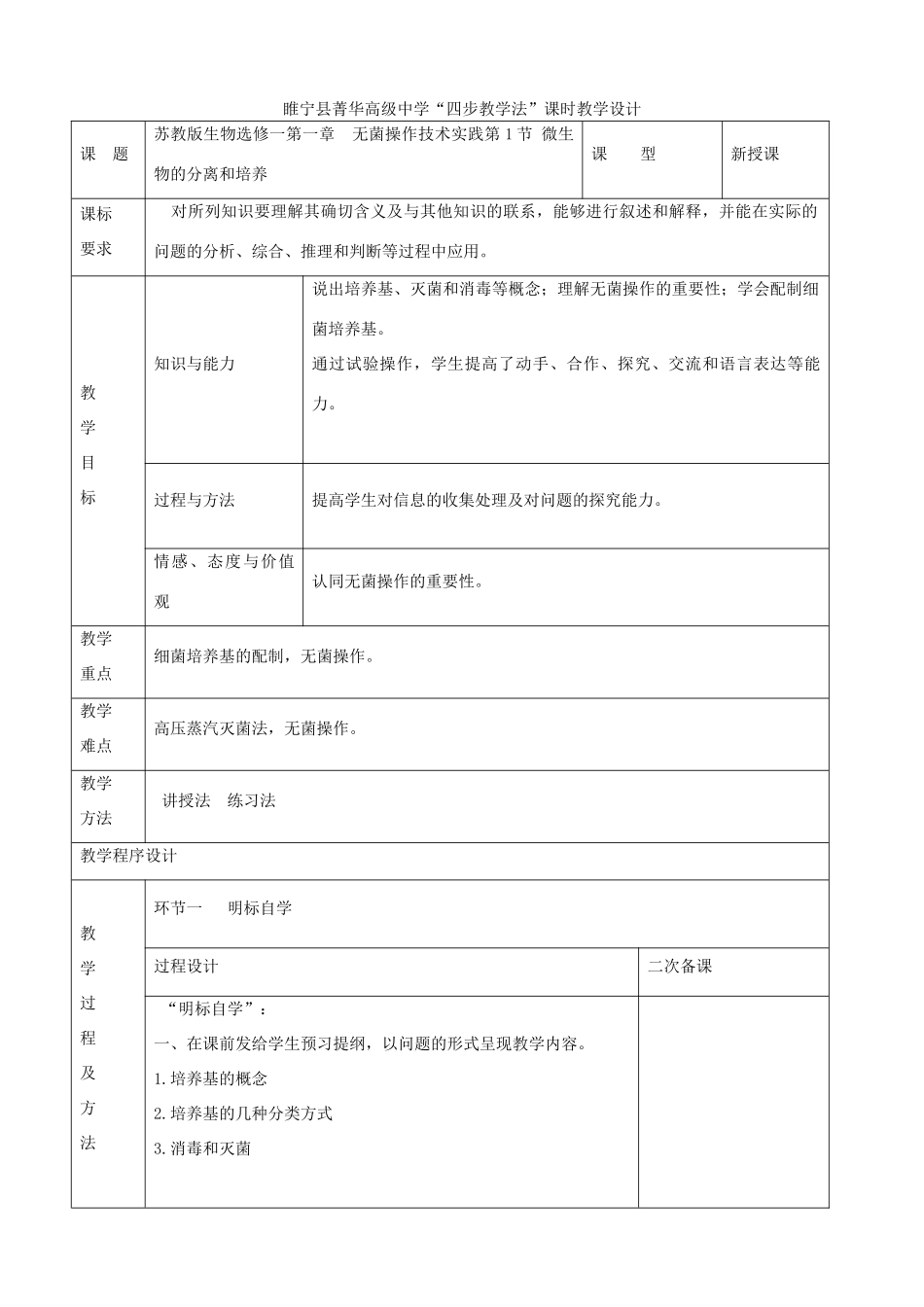江苏省徐州市睢宁县菁华高级中学2014年高中生物 第一章 无菌操作技术实践 第1节 微生物的分离和培养四步教学法教学设计 苏教版选修1_第1页
