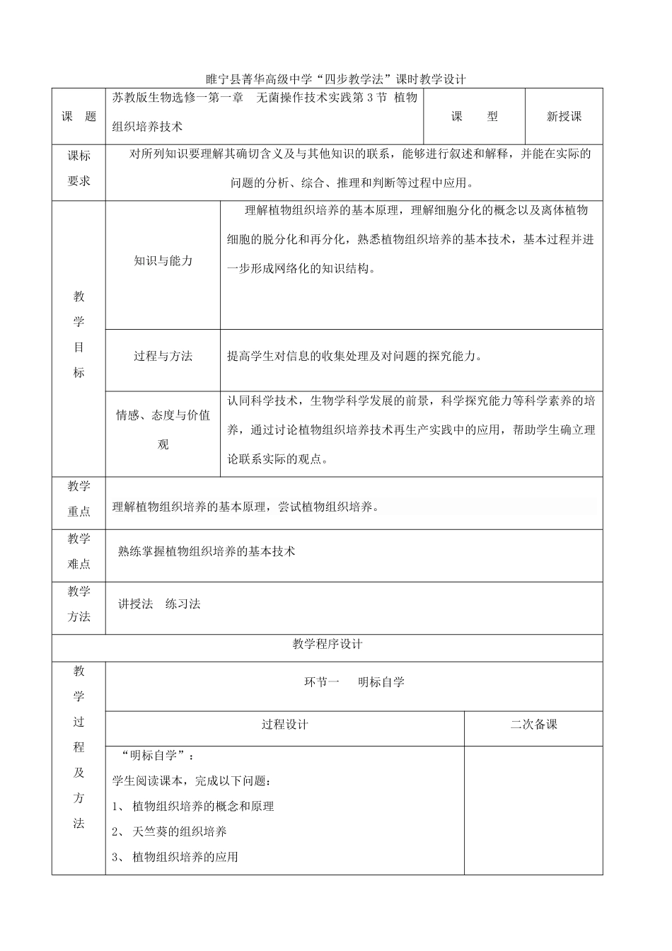江苏省徐州市睢宁县菁华高级中学2014年高中生物 第一章 无菌操作技术实践 第3节 植物组织培养技术四步教学法教学设计 苏教版选修1_第1页