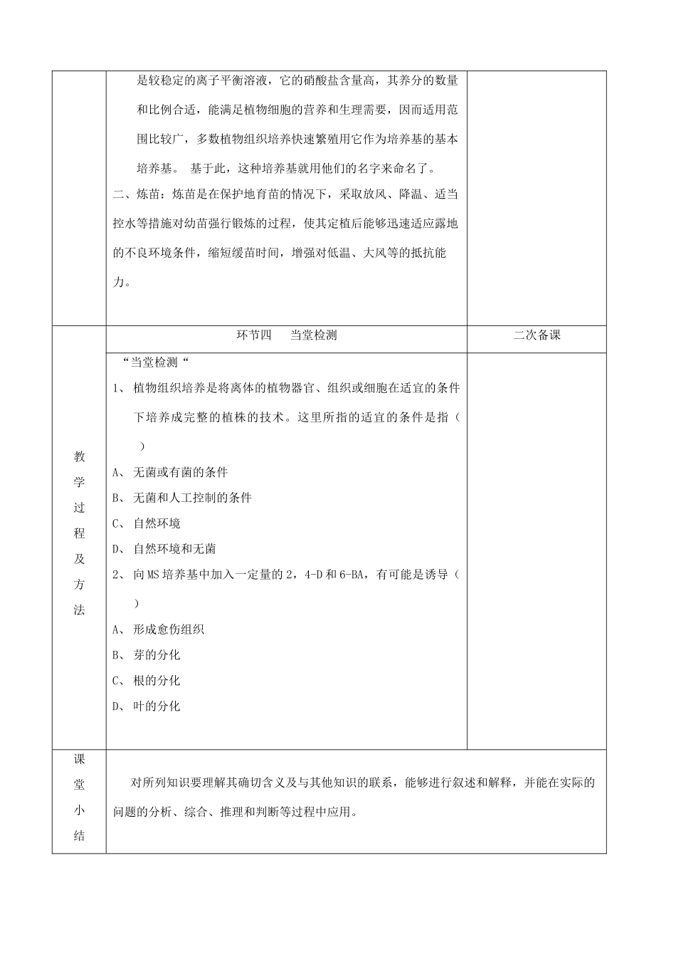江苏省徐州市睢宁县菁华高级中学2014年高中生物 第一章 无菌操作技术实践 第3节 植物组织培养技术四步教学法教学设计 苏教版选修1_第3页