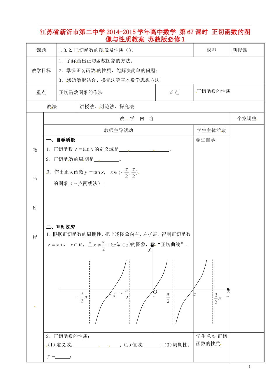 江苏省新沂市第二中学2014-2015学年高中数学 第67课时 正切函数的图像与性质教案 苏教版必修1_第1页