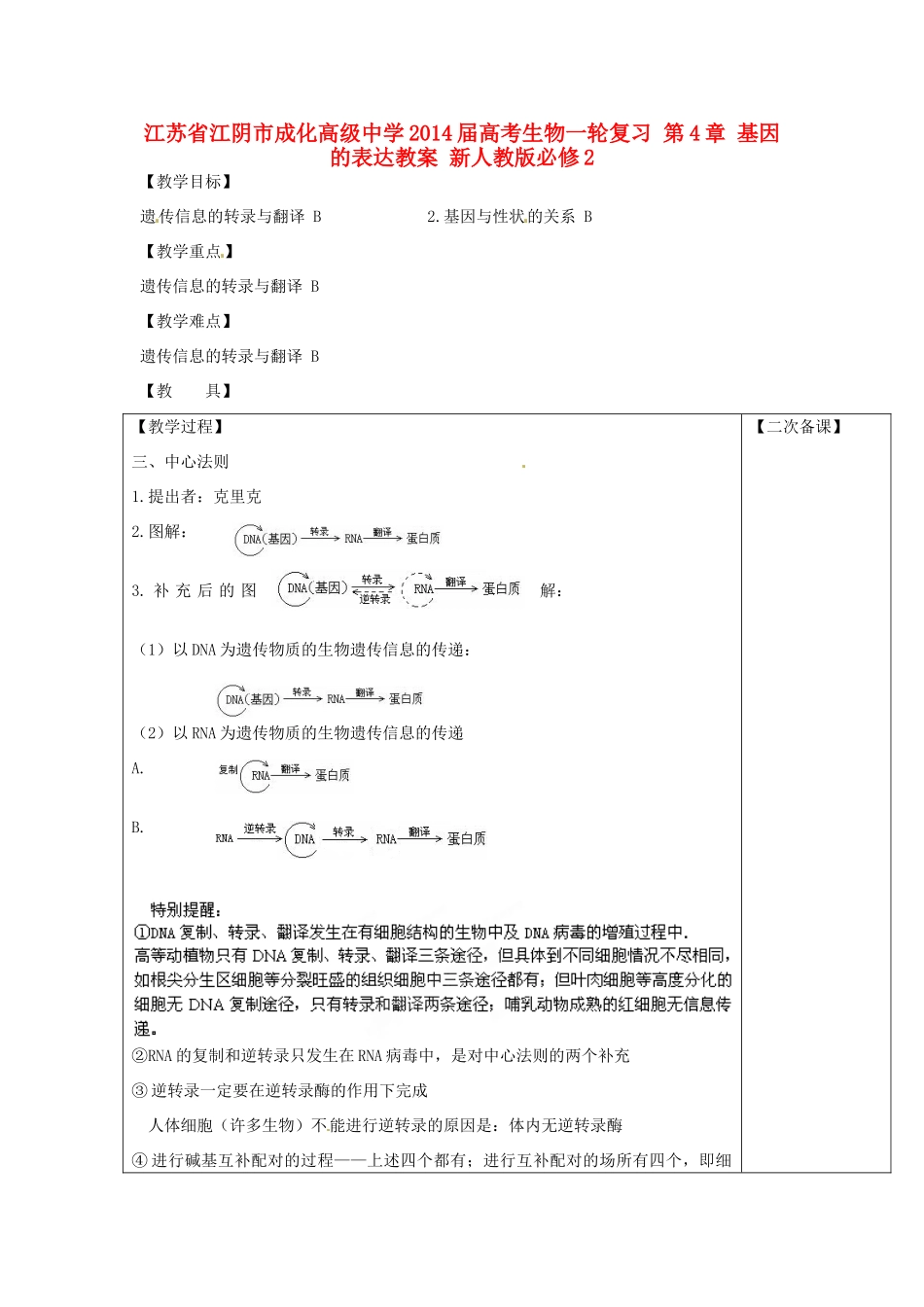 江苏省江阴市成化高级中学2014届高考生物一轮复习 第4章 基因的表达教案 新人教版必修2_第1页