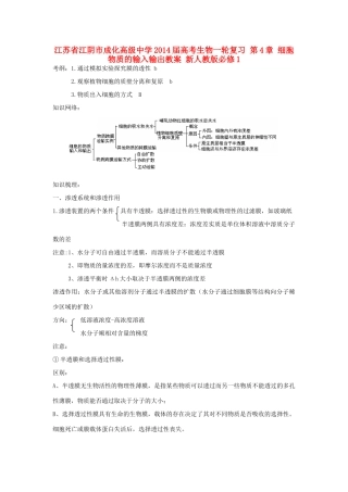 江苏省江阴市成化高级中学2014届高考生物一轮复习 第4章 细胞物质的输入输出教案 新人教版必修1