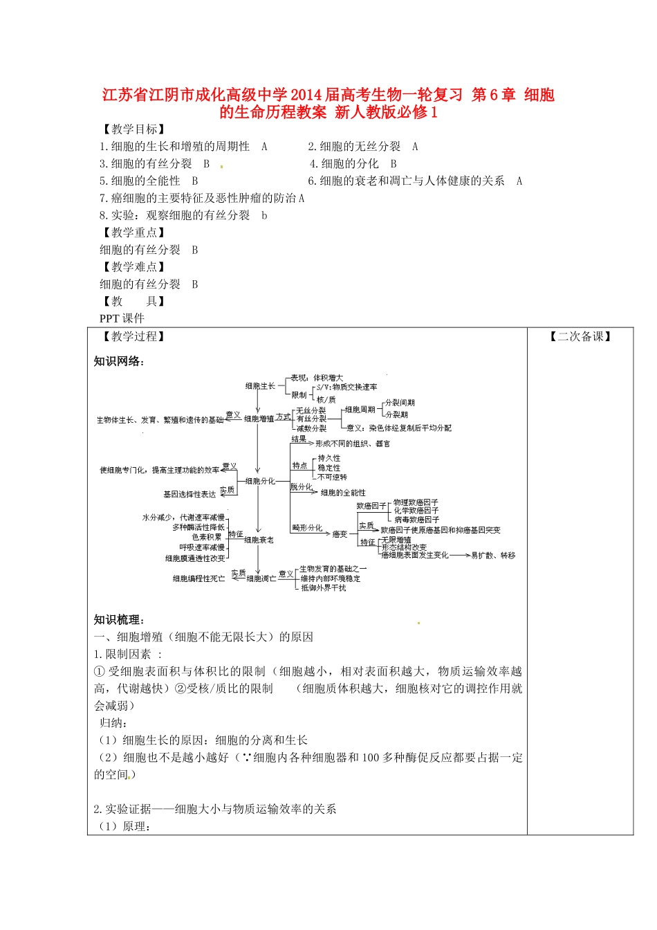 江苏省江阴市成化高级中学2014届高考生物一轮复习 第6章 细胞的生命历程教案 新人教版必修1_第1页