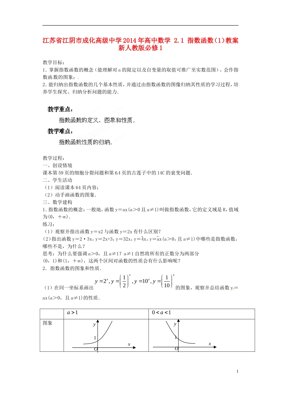 江苏省江阴市成化高级中学2014年高中数学 2.1 指数函数（1）教案 新人教版必修1_第1页