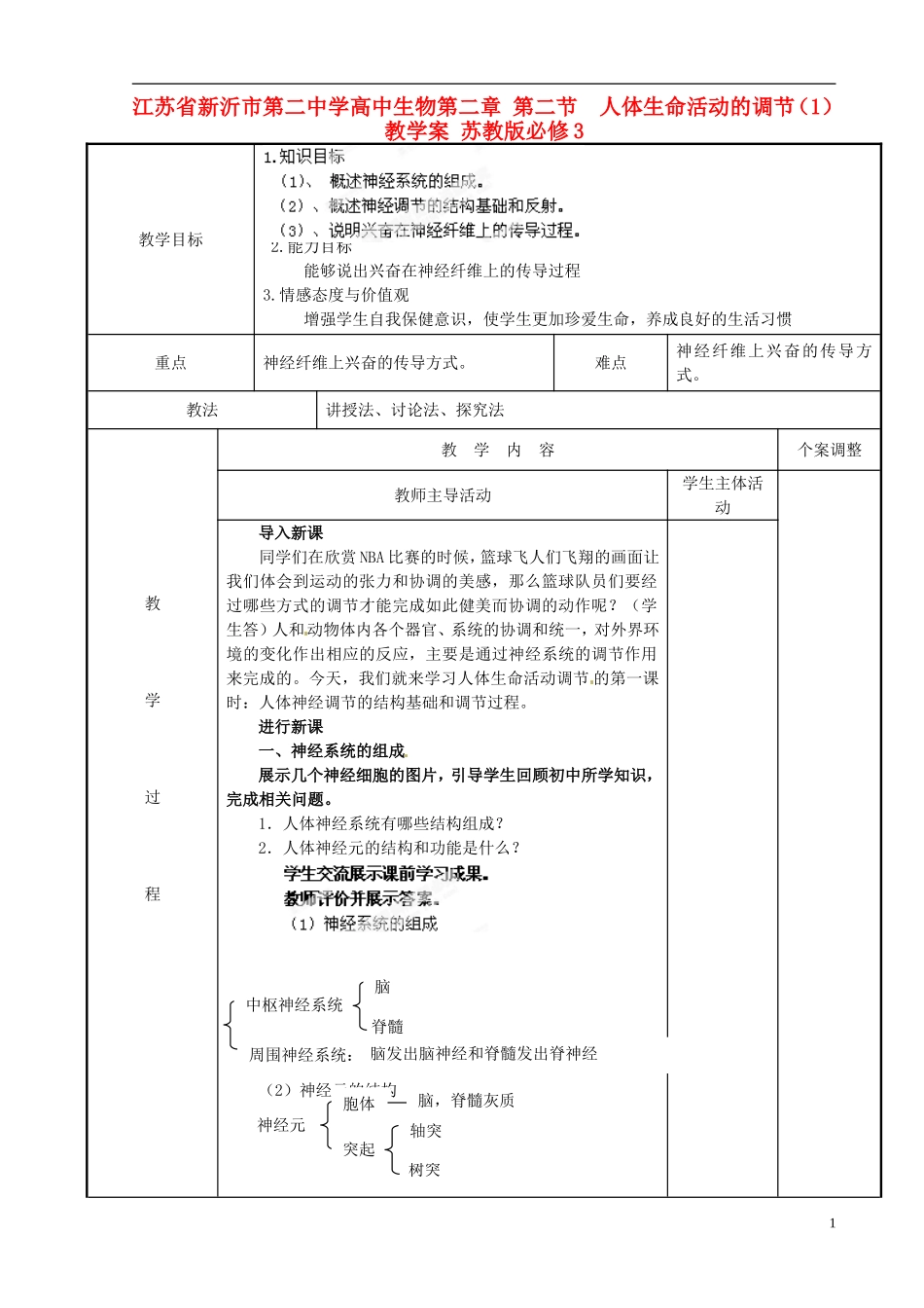 江苏省新沂市第二中学高中生物第二章 第二节  人体生命活动的调节（1）教学案 苏教版必修3_第1页