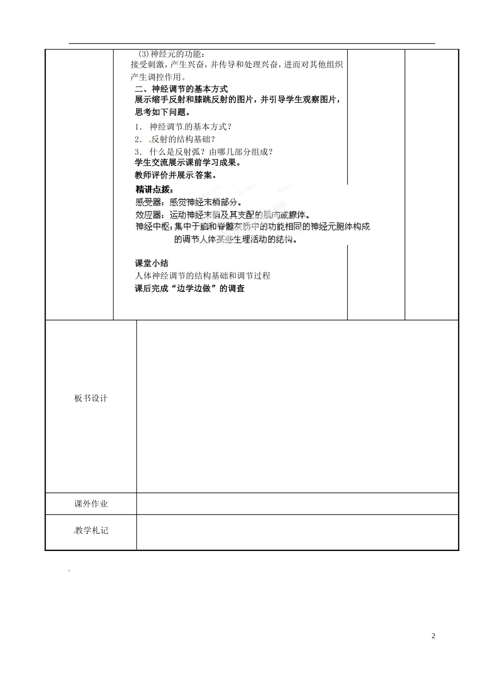 江苏省新沂市第二中学高中生物第二章 第二节  人体生命活动的调节（1）教学案 苏教版必修3_第2页