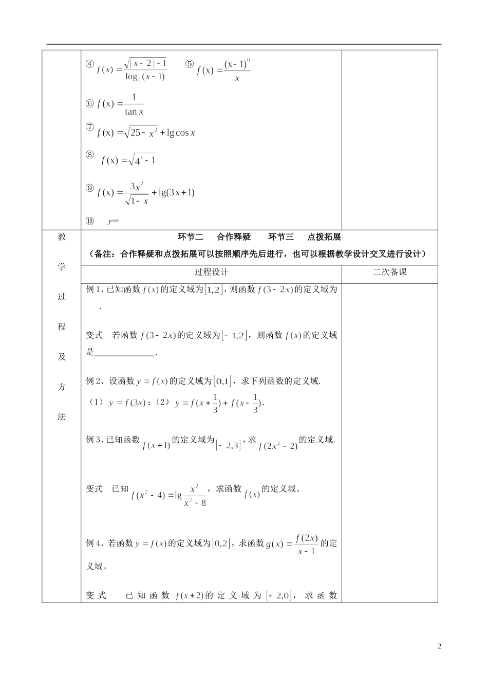 江苏省徐州市睢宁县菁华高级中学2014高中数学 高二数学一轮复习 函数的定义域加减教案 文_第2页