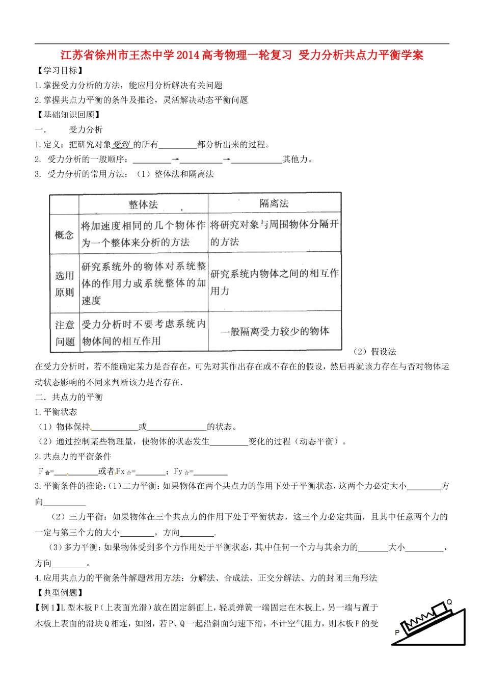 江苏省徐州市王杰中学2014高考物理一轮复习 受力分析共点力平衡学案_第1页