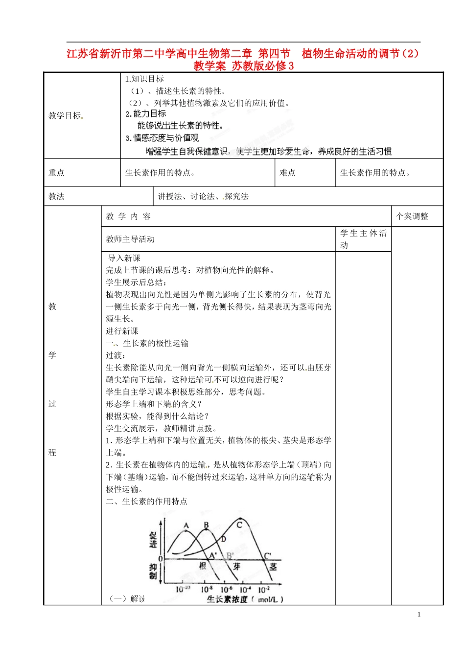 江苏省新沂市第二中学高中生物第二章 第四节  植物生命活动的调节（2）教学案 苏教版必修3_第1页