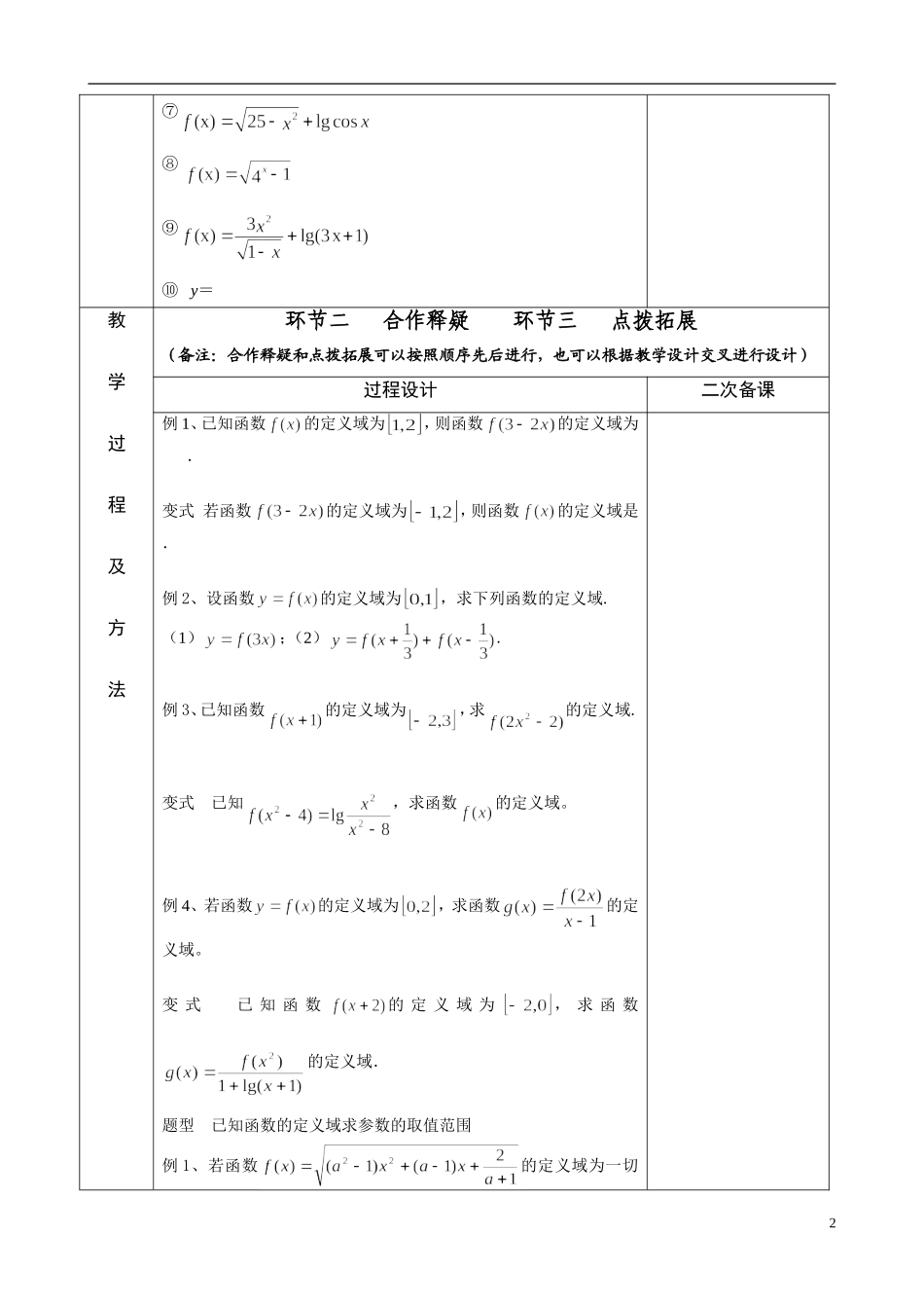 江苏省徐州市睢宁县菁华高级中学2014年高二数学一轮复习 函数的定义域四步教学法教案 文_第2页