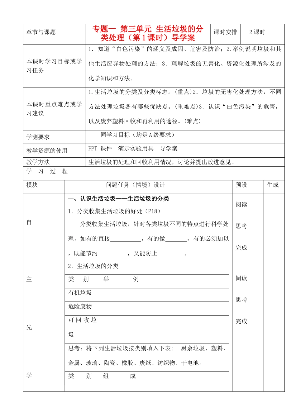 江苏省徐州市王杰中学2014高中化学 化学与生活 专题一 第三单元 生活垃圾的分类处理（第1课时）导学案 苏教版选修1_第1页